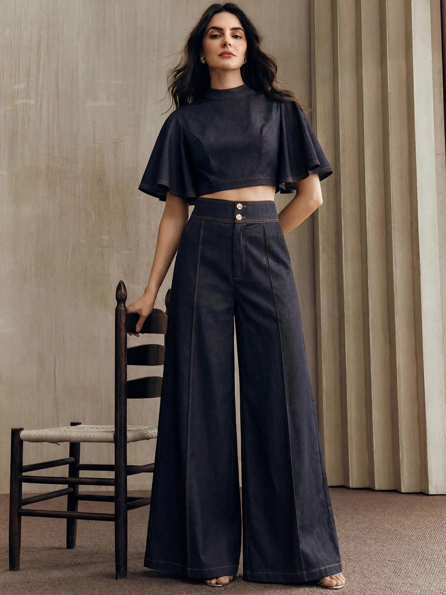 CM-SS444648 Women Elegant Seoul Style Short Sleeve Cape Colorblock Embroidered Top With High-Waist Wide-Leg Trousers - Set