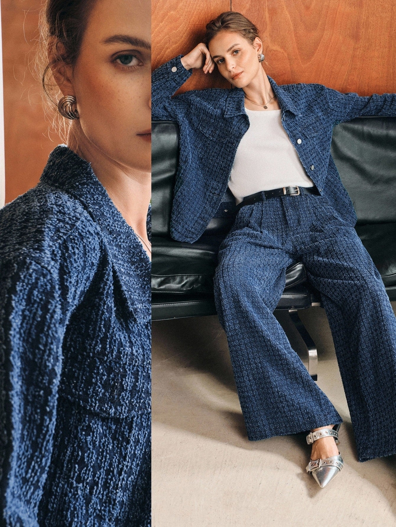 CM-CS340330 Women Elegant Seoul Style Collar Neckline Long Sleeve Single-Breasted Loose Denim Jacket - Navy Blue