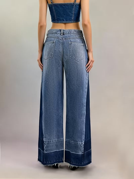 CM-BT828537 Women Casual Seoul Style Mid Waist Colorblock Patchwork Raw Hem Loose Fit Wide-Leg Jeans