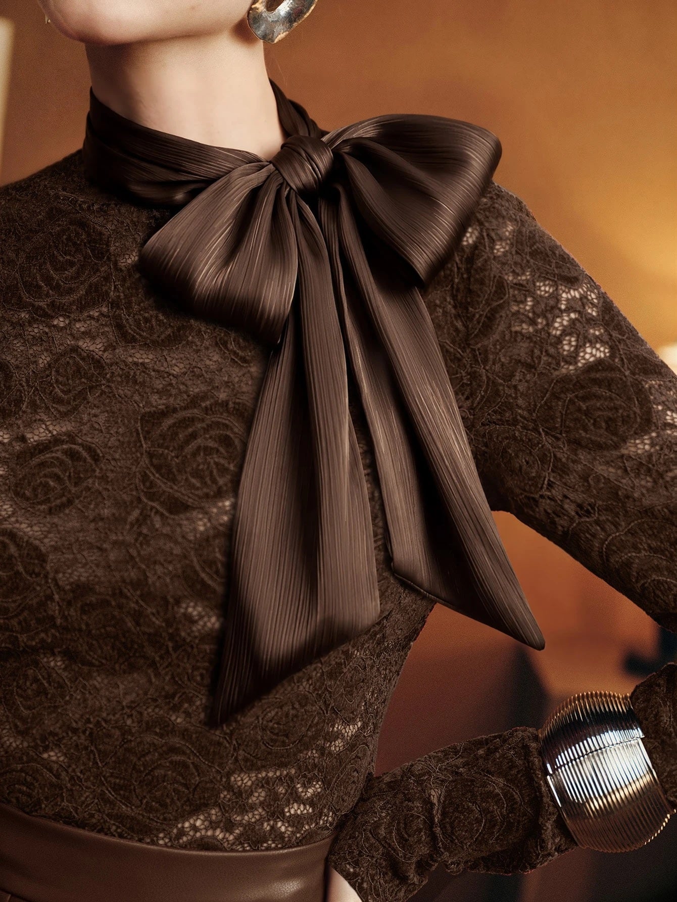 CM-TS166760 Women Elegant Seoul Style Stand Collar Long Sleeve Hollow Lace Rose Bow Top - Brown