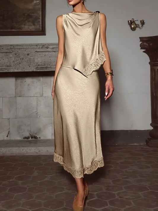 CM-ST461995 Women Elegant Seoul Style Solid Color Glossy Contrast Lace Splicing Vest With Long Skirt - Set