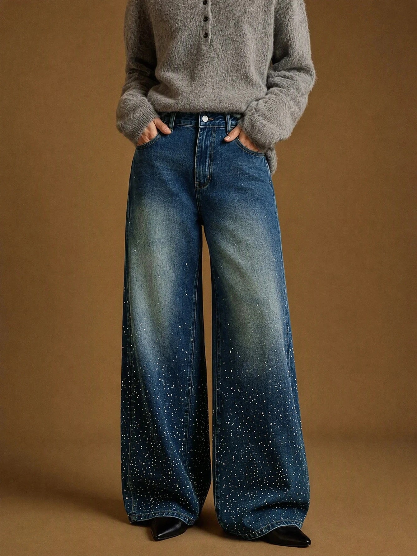 CM-BS350227 Women Elegant Seoul Style Mid Waist Rhinestone Sequin Straight Leg Long Denim Pants - Blue