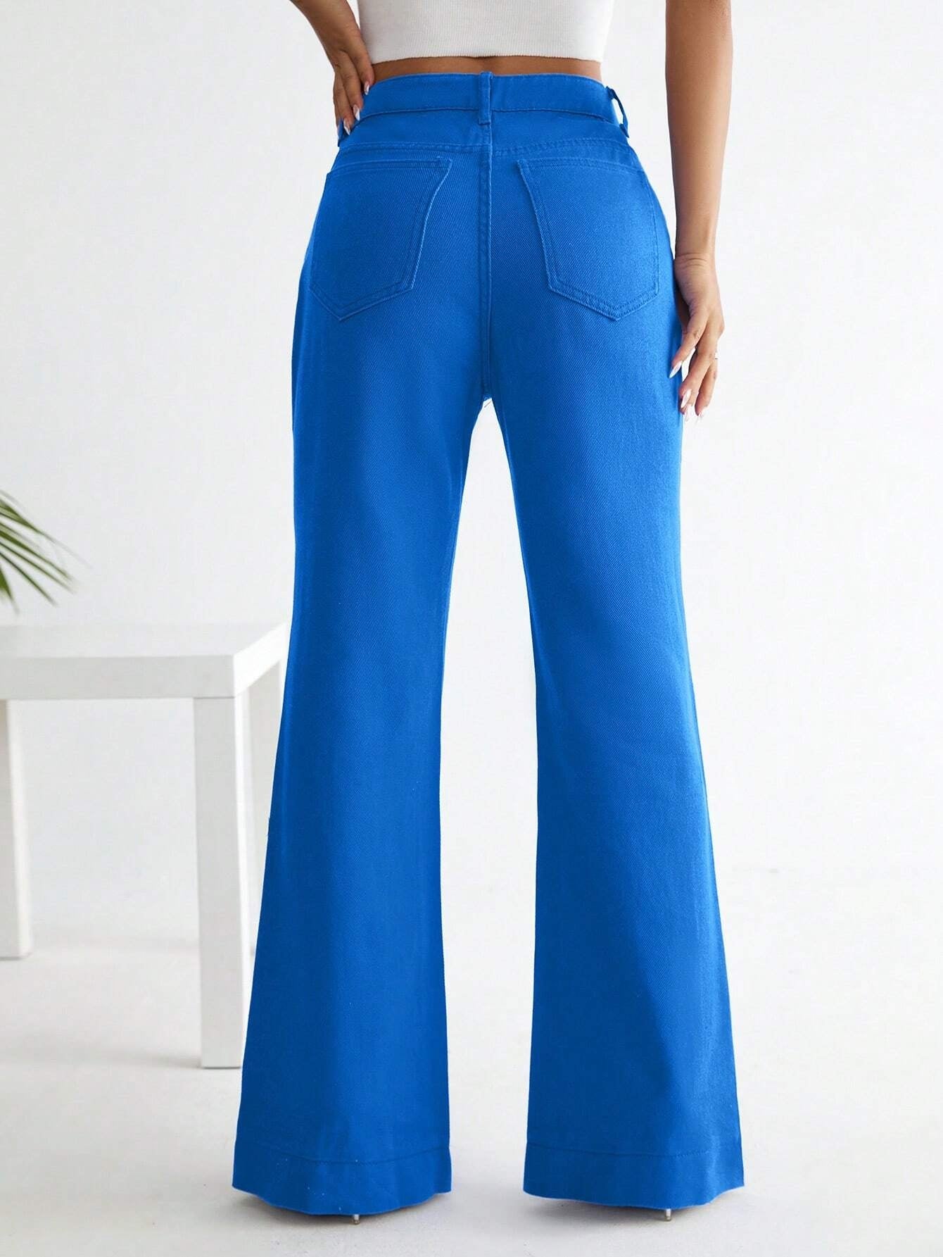 CM-BS759005 Women Preppy Seoul Style High Waist Flare Leg Jeans - Blue