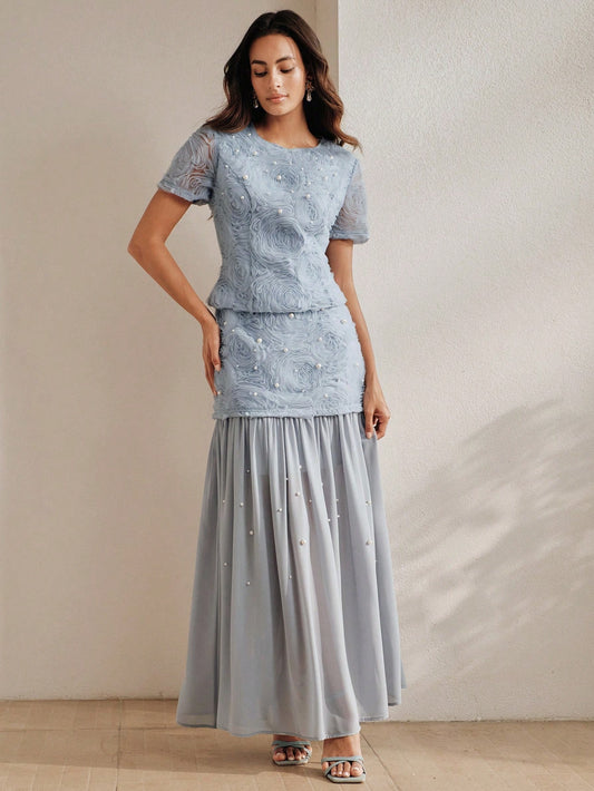 CM-SS102582 Women Elegant Seoul Style Round Neck Puff Sleeve 3D Rose Beaded Top With Mesh Patchwork Skirt - Set