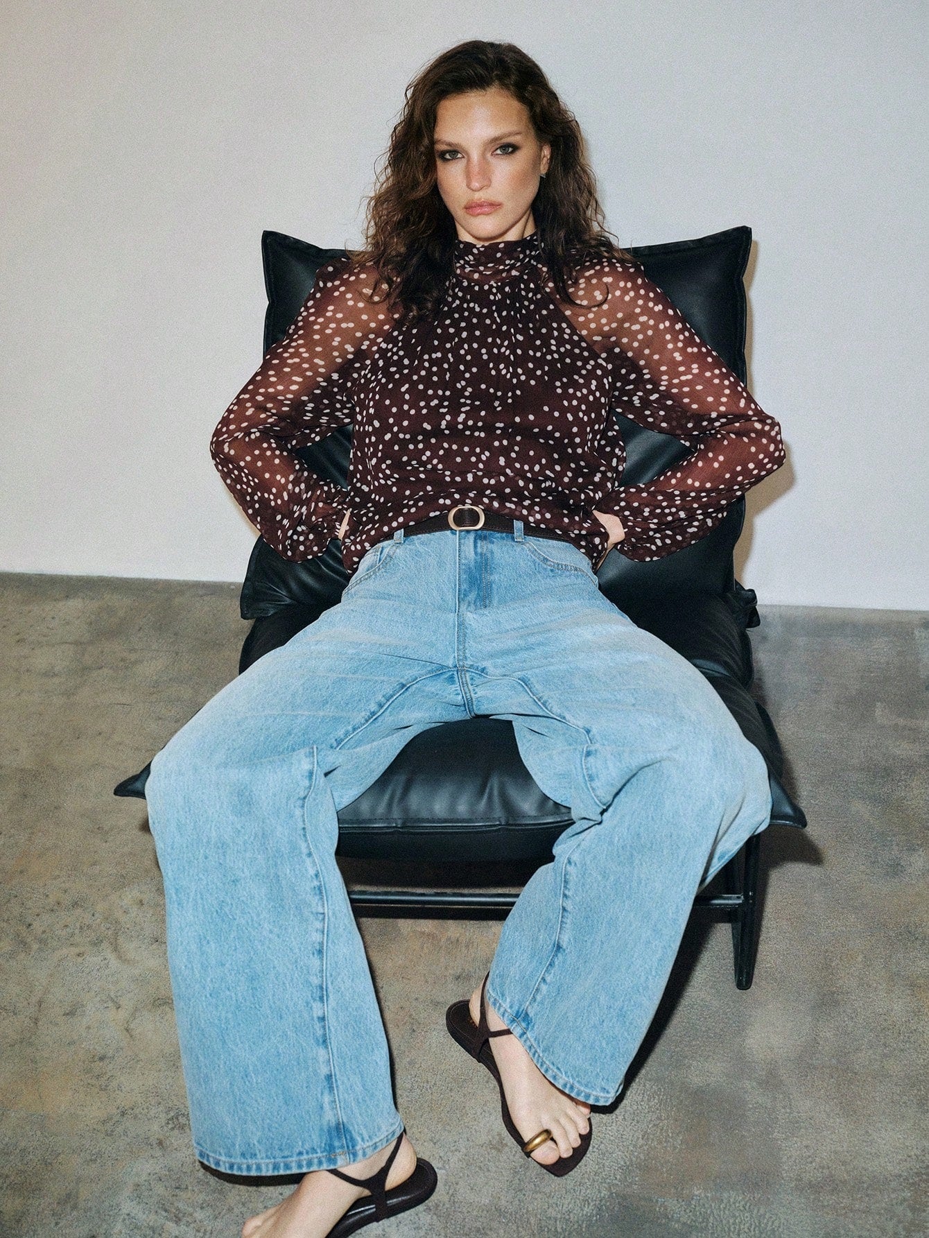 CM-TS223440 Women Elegant Seoul Style Bow Tie Long Sleeve Polka Dot Chiffon Loose Fit Blouse - Coffee Brown