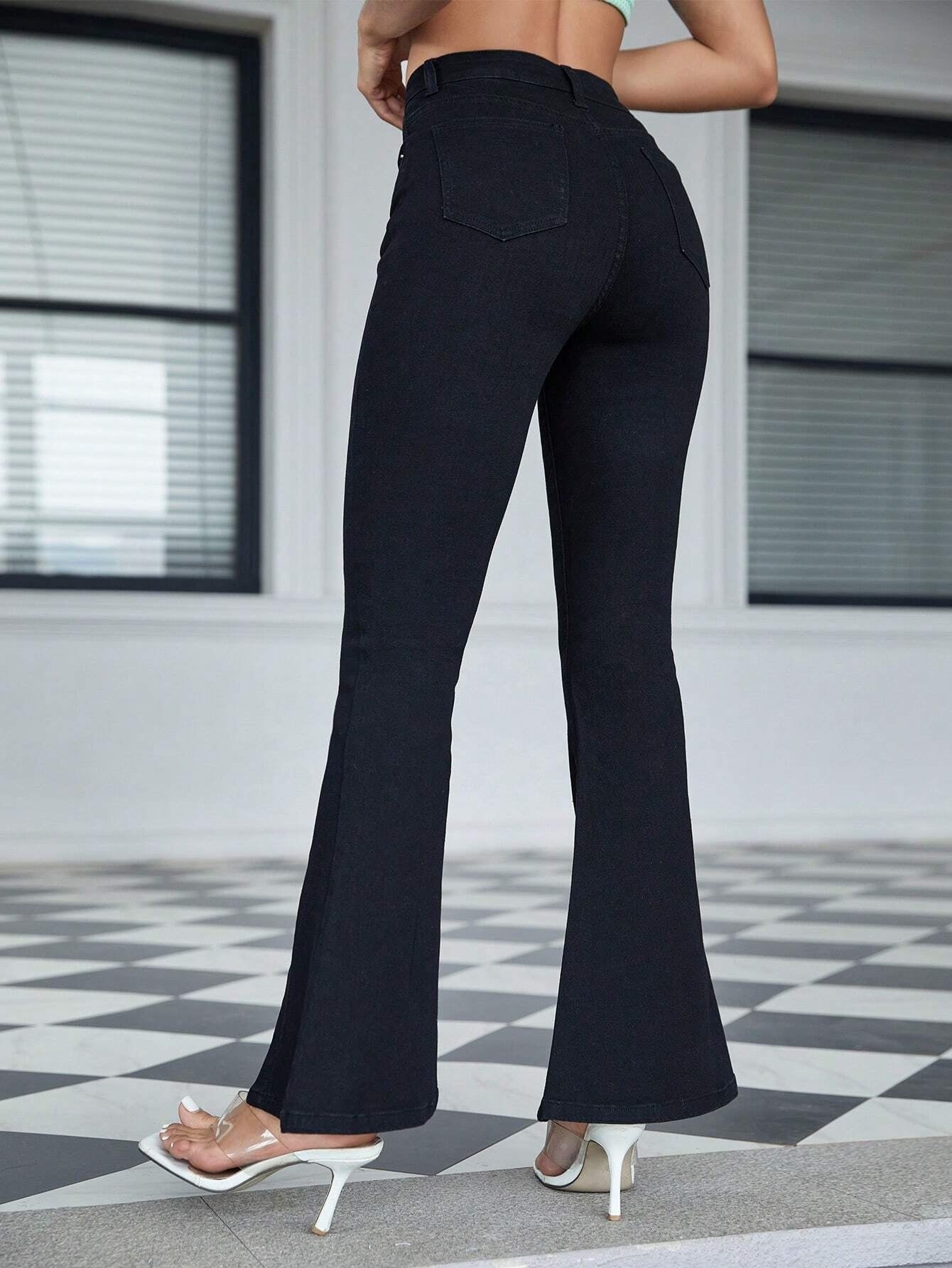 CM-BS075133 Women Preppy Seoul Style Solid Split Hem Flare Leg Jeans - Black