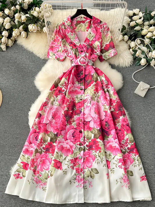 CM-DT968672 Women Casual Seoul Style Floral Printed Collar Neckline Short Sleeve Belted Dress