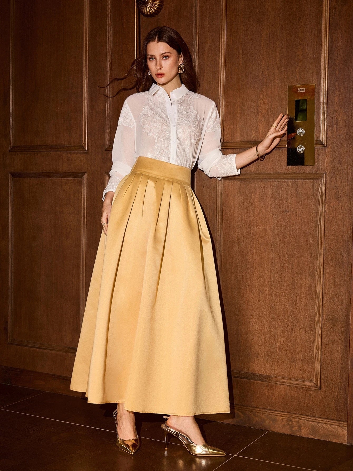 CM-BS835243 Women Elegant Seoul Style High Waist Solid Fold Pleated Zipper Side Long Skirt - Khaki