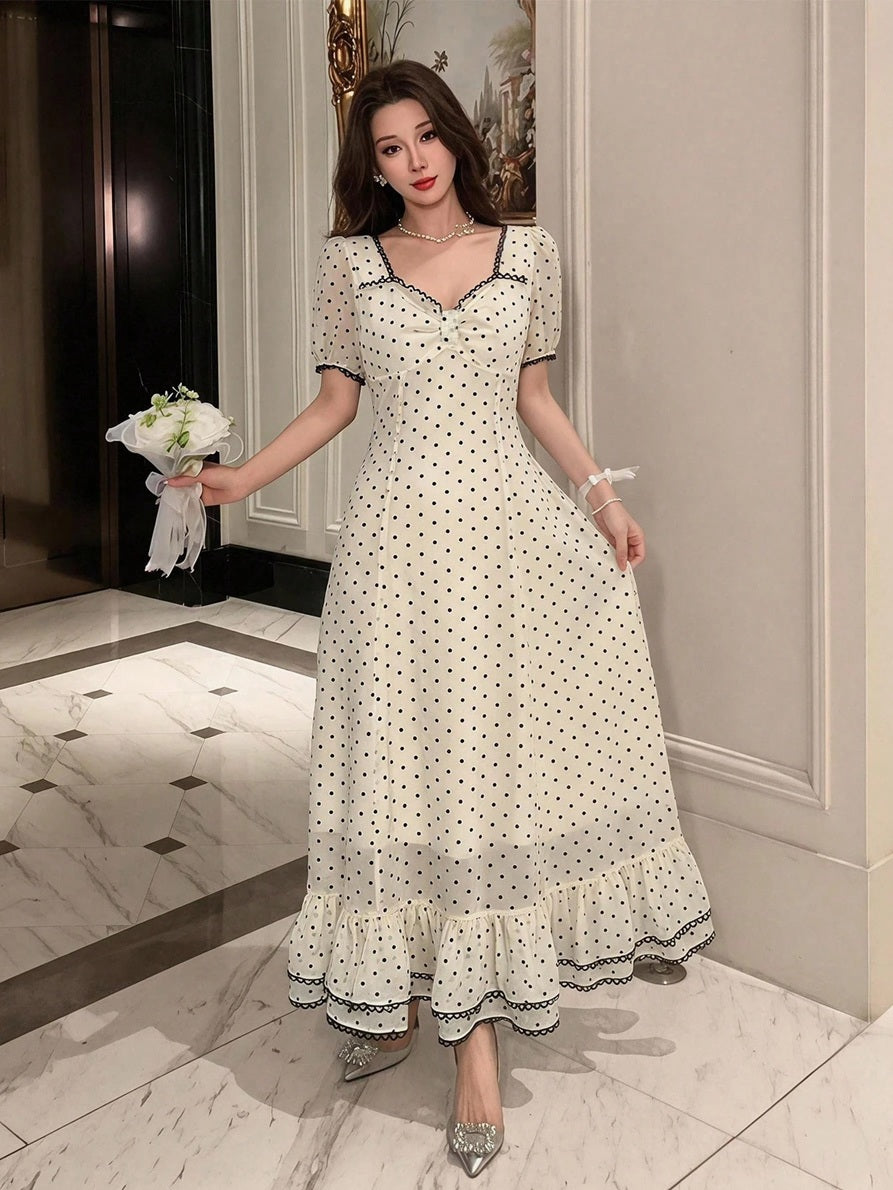 CM-DS357054 Women Elegant Seoul Style Sweetheart Neckline Puff Sleeve Polka Dot Cinched Waist Mid-Length Dress