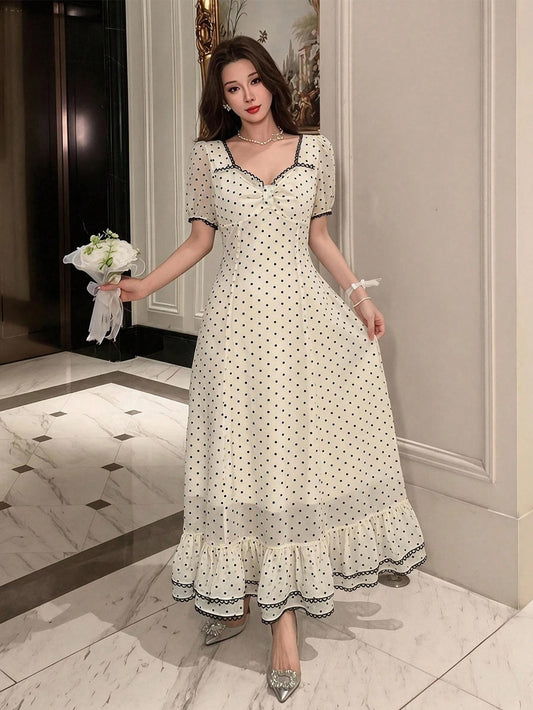 CM-DS357054 Women Elegant Seoul Style Sweetheart Neckline Puff Sleeve Polka Dot Cinched Waist Mid-Length Dress