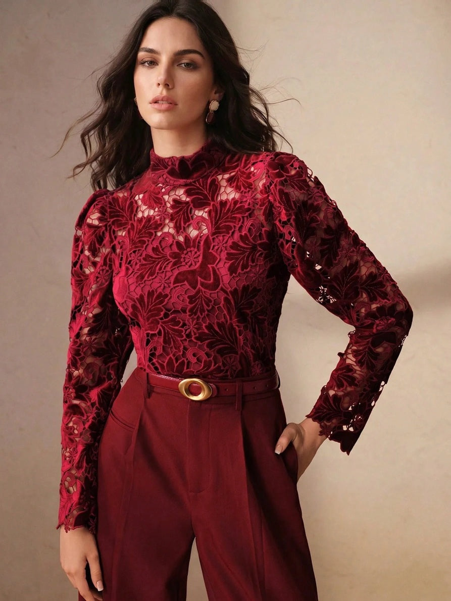 CM-TS198442 Women Elegant Seoul Style Stand Collar Long Sleeve Hollow-Out Burnout Top - Burgundy