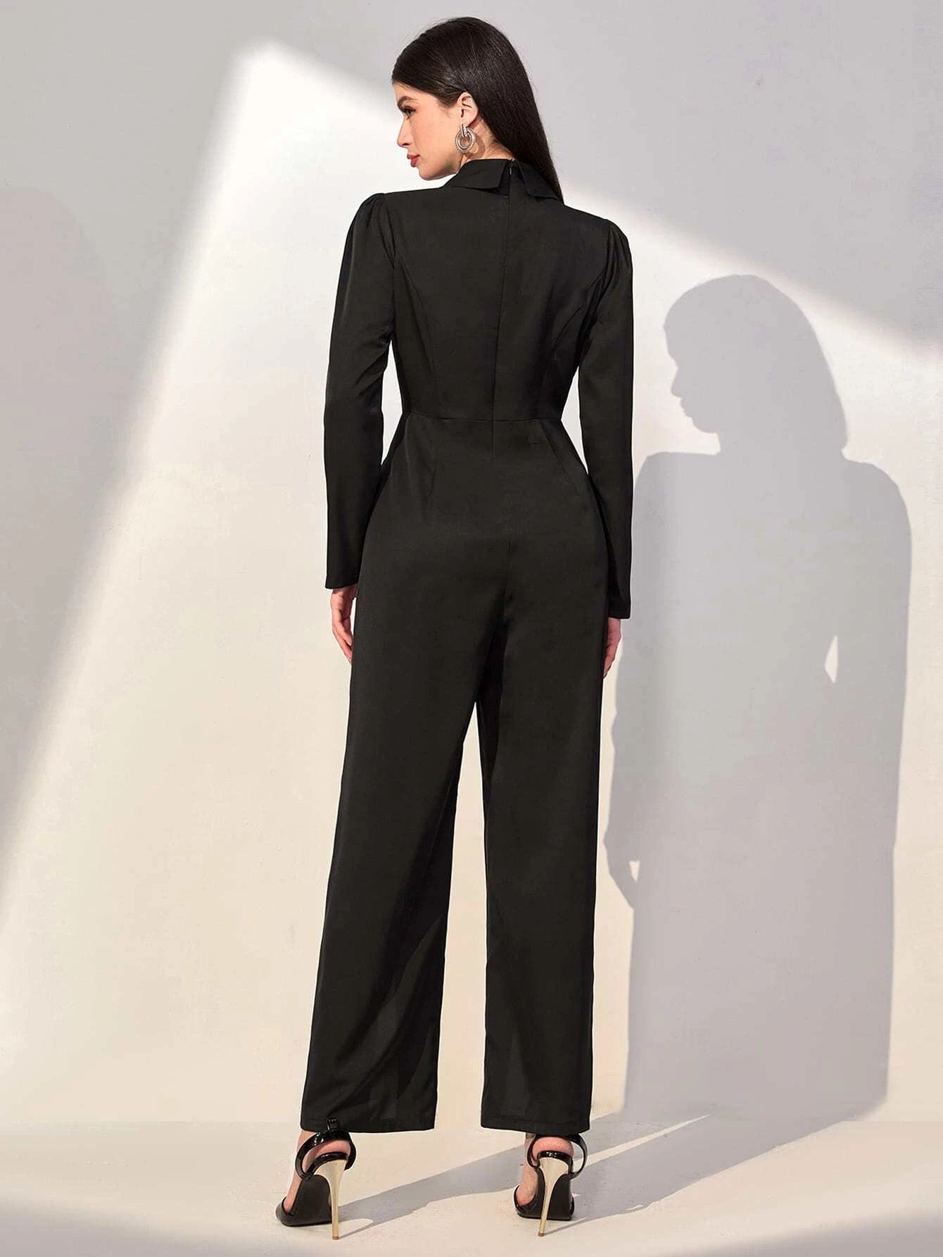 CM-JS042862 Women Elegant Seouol Style Shawl Neck Puff Sleeve Double Breasted Split Hem Jumpsuit