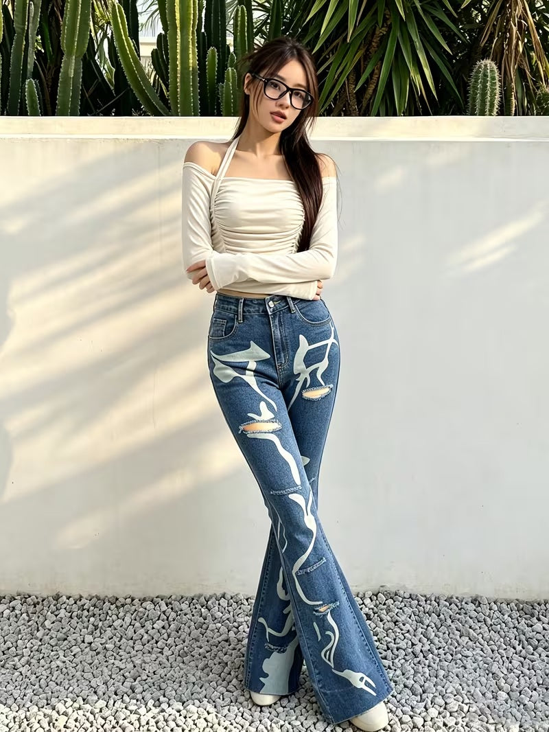 CM-BT791991 Women Casual Seoul Style Mid Waist Graffiti Print Distressed Flare Leg Jeans - Blue