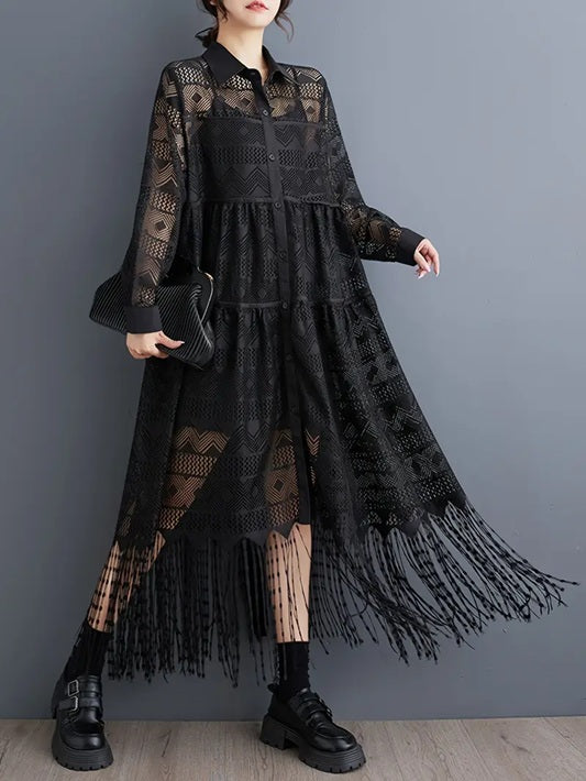 CM-DT294481 Women Casual Seoul Style Lapel Neckline See-Through Hollow Tassel Long Dress - Black