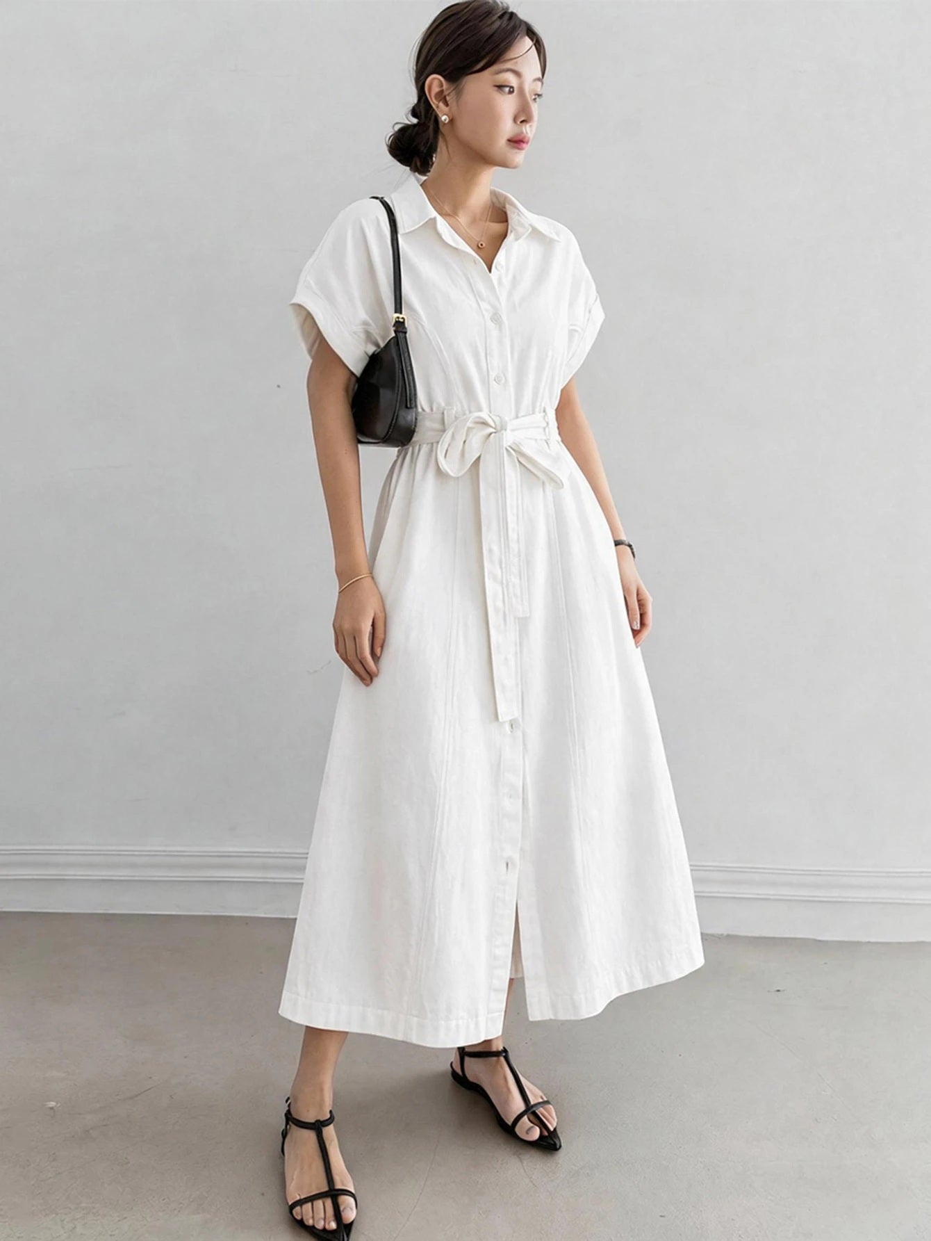 CM-DS429918 Women Casual Seoul Style Lapel Short Sleeve Button Tie Waist Solid Slim Fit Denim Dress - White