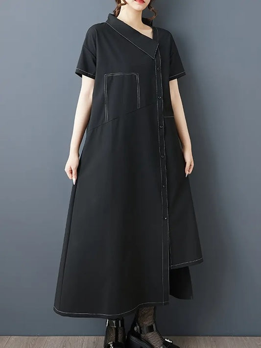 CM-DT599919 Women Elegant Seoul Style Asymmetrical Hem Long Sleeve Loose Fit Shirt Dress - Black