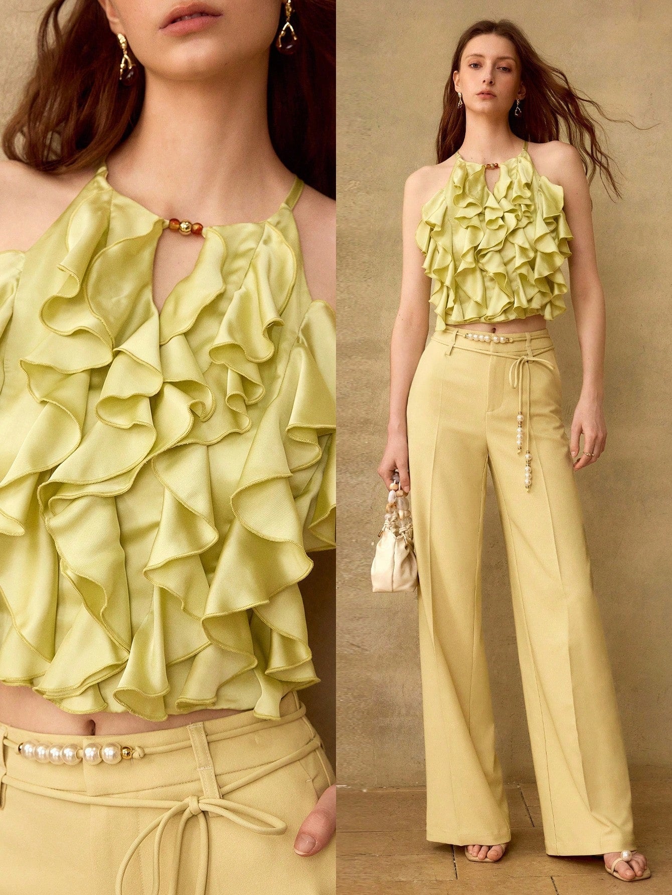 CM-TS792187 Women Elegant Seoul Style Multi-Layer Cold Shoulder Ruffle Halter Top - Green