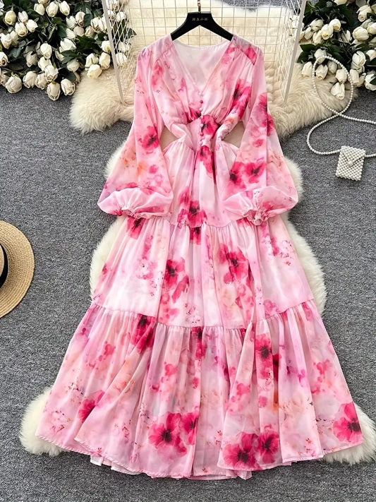 CM-DT346357 Women Trendy Bohemian Style Floral Print V-Neck Long Sleeve Maxi Dress - Pink