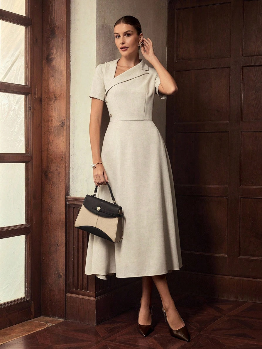 CM-DS559145 Women Elegant Seoul Style Asymmetrical Neck Short Sleeve High Waist Split Thigh Midi Dress - Apricot