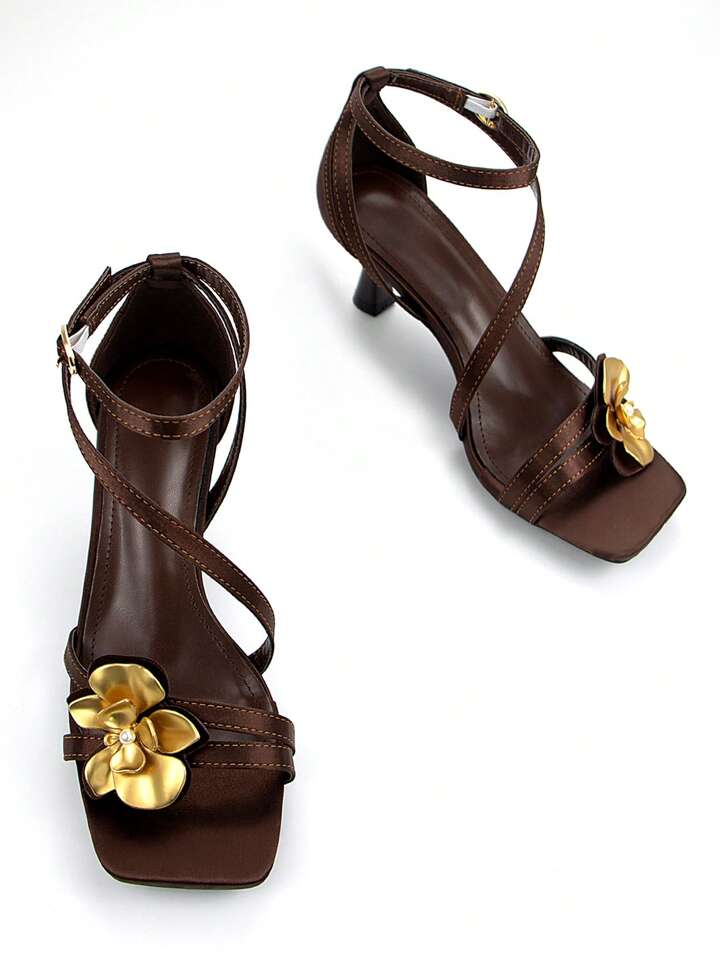 CM-SHS730345 Women Trendy Seoul Style Metal Floral Decor Ankle Strap Square Toe Kitten Heel Sandals - Chocolate Brown