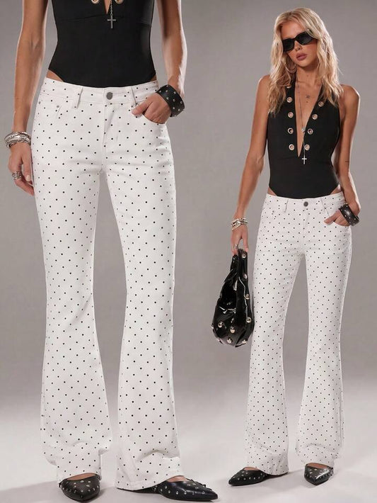 CM-BS188025 Women Casual Seoul Style Polka Dot Low Waist Flare Leg Jeans - White