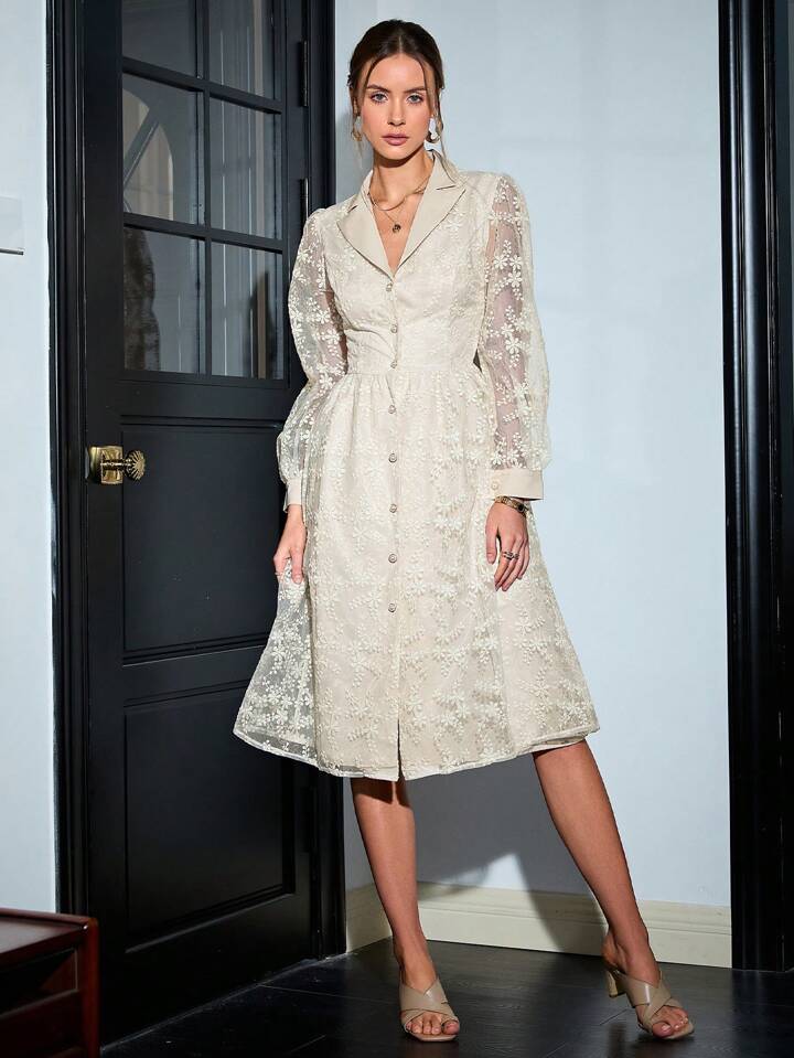 CM-DS645285 Women Elegant Seoul Style Embroidered Mesh Stand Collar Elastic Waist A-Line Dress - Apricot