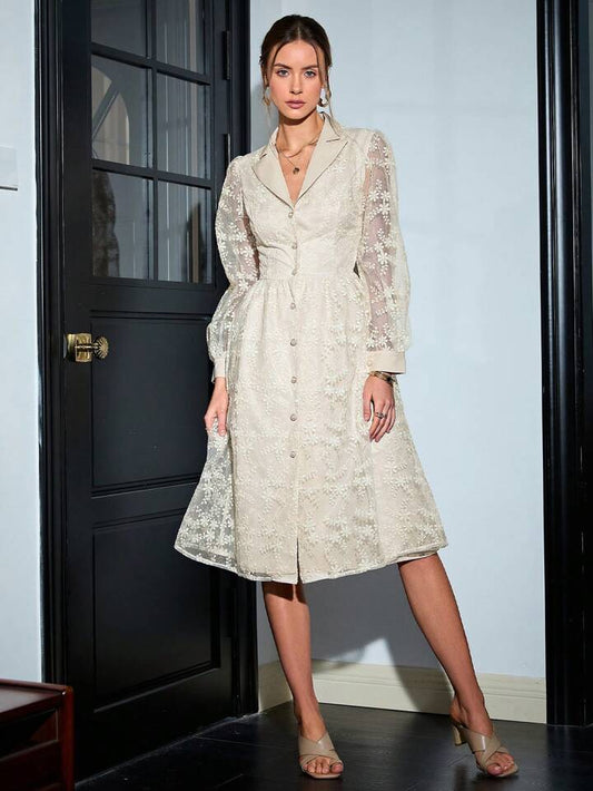 CM-DS645285 Women Elegant Seoul Style Embroidered Mesh Stand Collar Elastic Waist A-Line Dress - Apricot