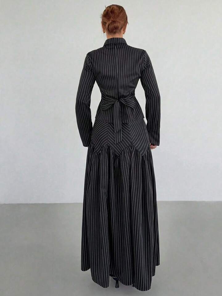 CM-SS672872 Women Elegant Seoul Style Striped Collar Neckline Long Sleeve Shirt With Pleated Maxi Skirt - Set