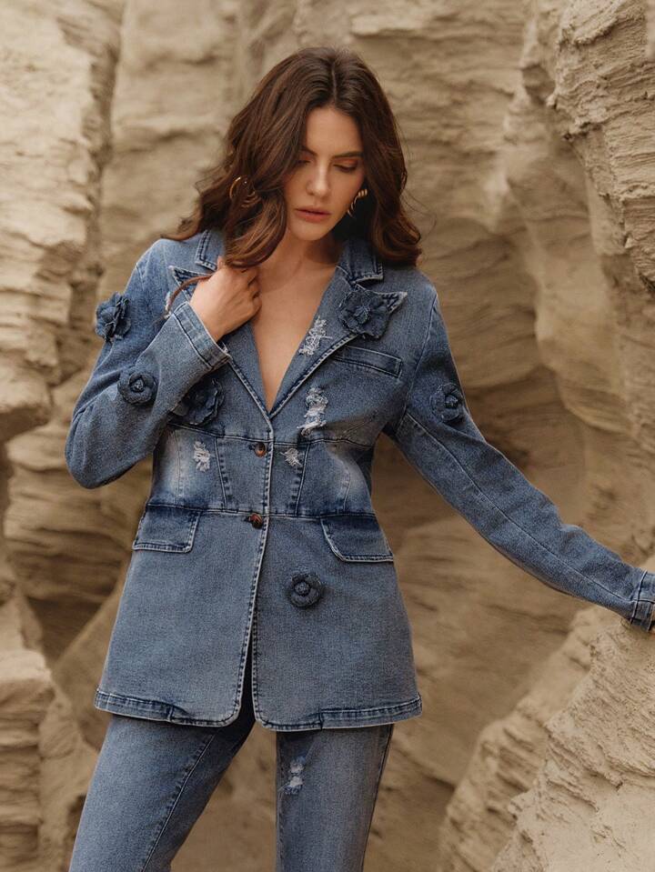 CM-CS412231 Women Elegant Seoul Style Lapel Neckline Single-Breasted Loose Fit Denim Jacket - Blue
