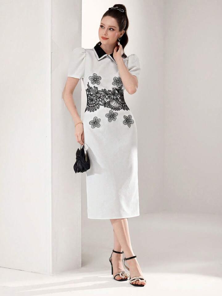 CM-DS226634 Women Casual Seoul Style Contrast Color Collar Ruffled Mid-Length Dress - White
