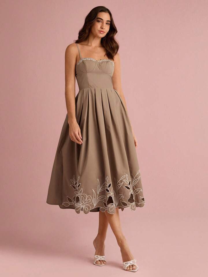CM-DS616131 Women Trendy Bohemian Style Spaghetti Strap Hollow-Out Embroidery Slip Midi Dress