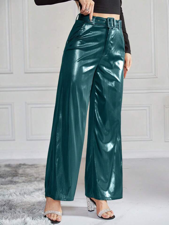 CM-BS923179 Women Elegant Seoul Style High Waist Belted Metallic Wide Leg Pants - Teal Blue