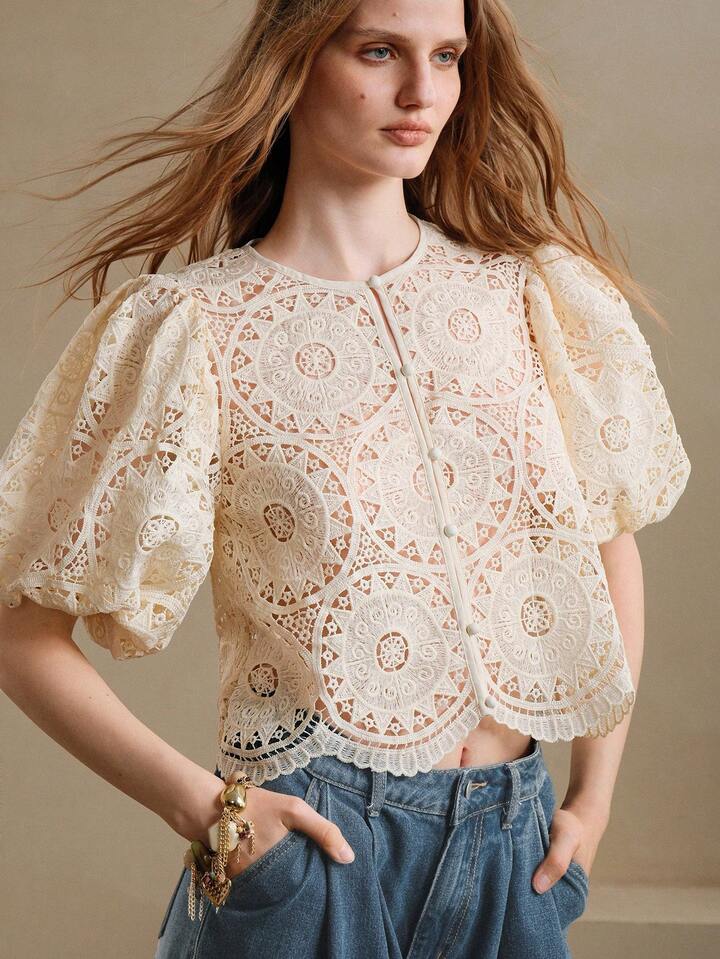 CM-TS318012 Women Elegant Seoul Style Lace Hollow Puff Sleeve Round Neck Placket Shirt - Apricot