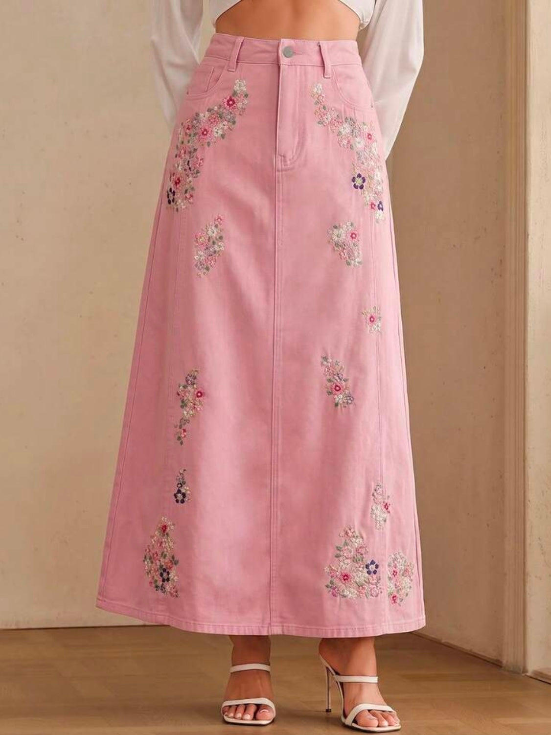 CM-BS478582 Women Casual Seoul Style Mid Waist Embroidery Slimming Design Split A-Line Denim Skirt - Pink