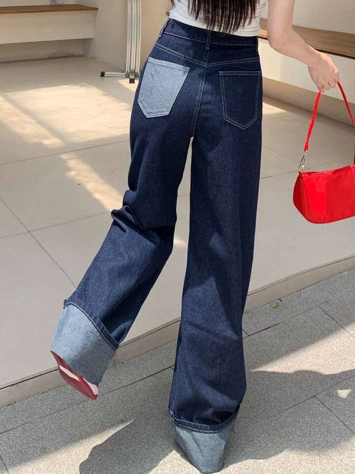 CM-BS770267 Women Casual Seoul Style Dark Wash Mid Waist Distressed Wide Leg Denim Jeans