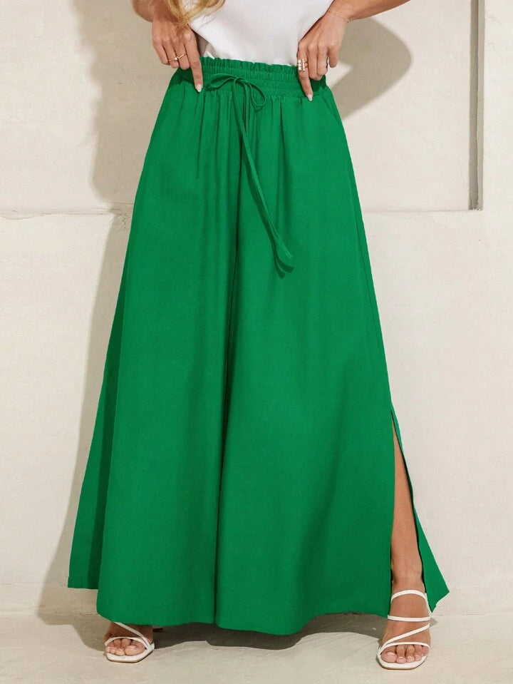 CM-BS334113 Women Trendy Bohemian Style High Rise Split Wide-Leg Pants - Green