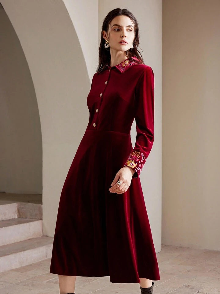 CM-DS682190 Women Retro Seoul Style Velvet Floral Embroidered Turn-Down Collar Long Dress - Burgundy