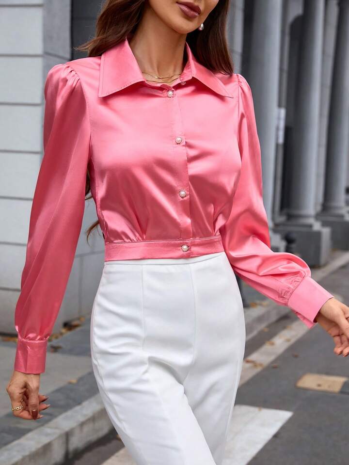 CM-TS994007 Women Casual Seoul Style Solid Color Bubble Sleeve Cropped Shirt - Watermelon Pink