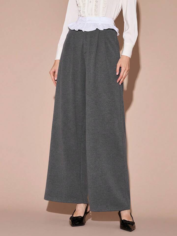 CM-BS769739 Women Casual Seoul Style Contrast Color High Waist Ruffle Hem Wide Leg Pants - Gray