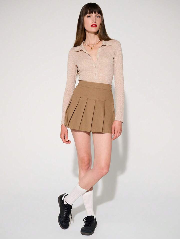 CM-BS891207 Women Casual Seoul Style Pleated Denim Mini Skirt - Khaki