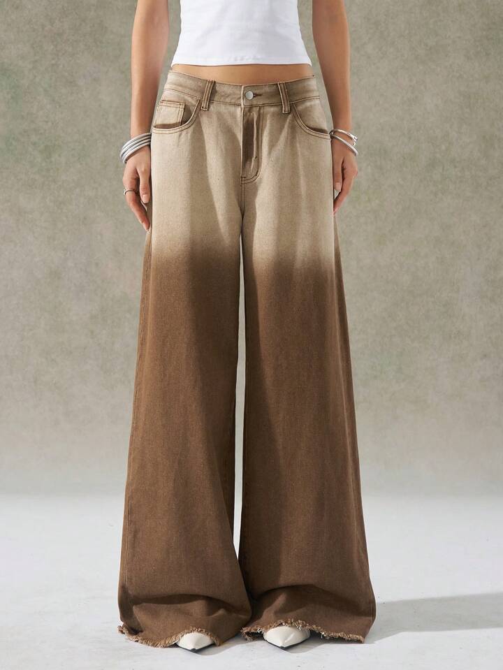 CM-BS097539 Women Casual Seoul Style Washed Ombre Wide Leg Jeans - Coffee Brown
