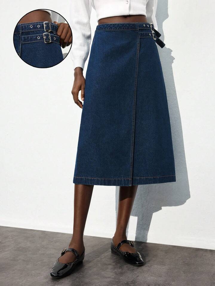 CM-BS200224 Women Casual Seoul Style Dark Wash Mid Waist Side Buckle Design A-Line Midi Denim Skirt
