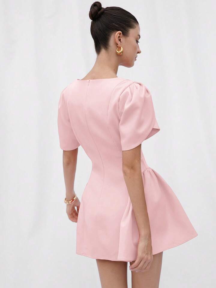CM-DS975139 Women Elegant Seoul Style Tulip Print Puff Spliced Hem Round Neck Short Sleeve Dress - Pink