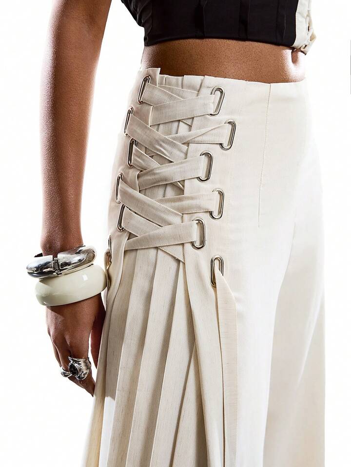 CM-BS055171 Women Casual Seoul Style Solid Color Minimalist Tie-Up Pants Dress Over Pants - Khaki