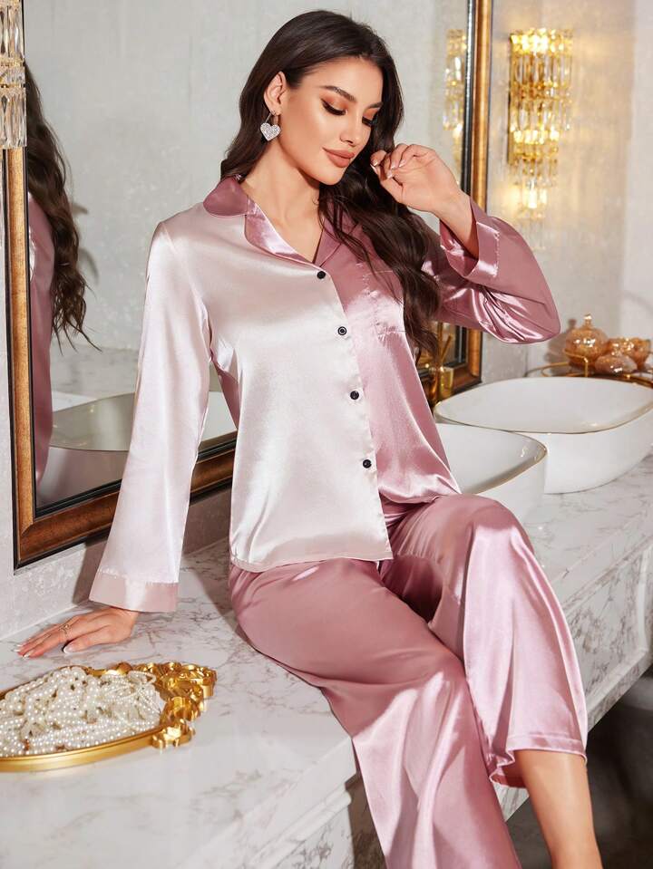 CM-LS727422 Women Trendy Seoul Style Color-Block Button-Front Ribbed Pajama Set - Pink