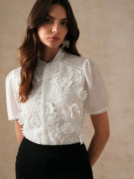 CM-TS155375 Women Elegant Seoul Style Solid Color 3D Floral Decor Short Sleeve Shirt - White