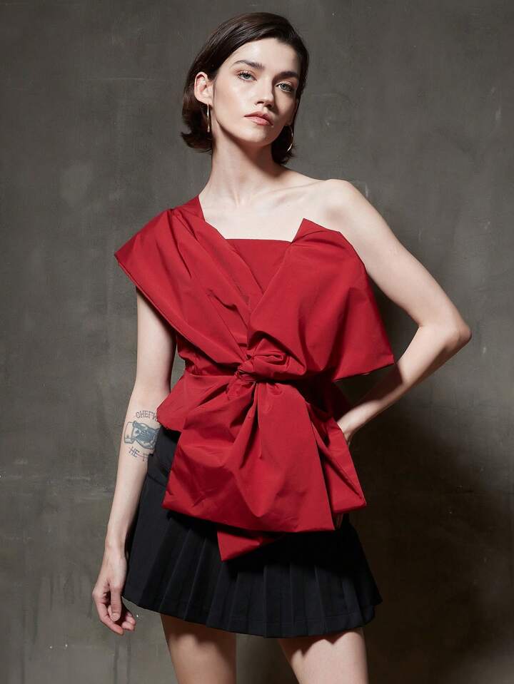CM-TS757520 Women Casual Seoul Style Front Bow Asymmetrical Collar Blouse - Red