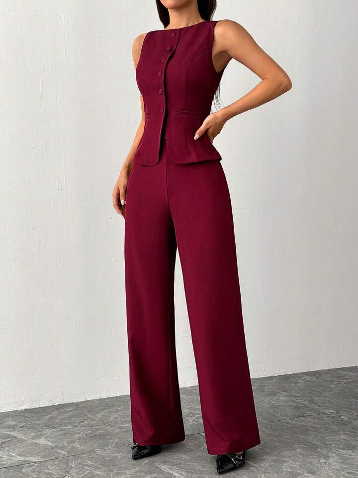 CM-SS055036 Women Elegant Seoul Style Solid Color Round Neck Single-Breasted Vest With Pants Suit - Burgundy