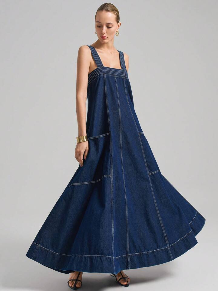 CM-DS471843 Women Casual Seoul Style Dark Wash Thick Strap Backless Loose Denim Dress