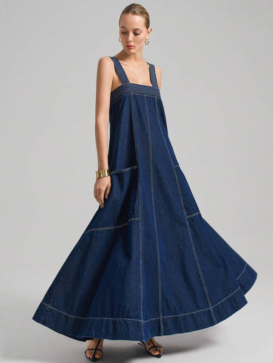 CM-DS471843 Women Casual Seoul Style Dark Wash Thick Strap Backless Loose Denim Dress